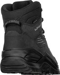 Achterkant van een zwarte LOWA Renegade wandelschoen met Gore-Tex label en dikke zool.
