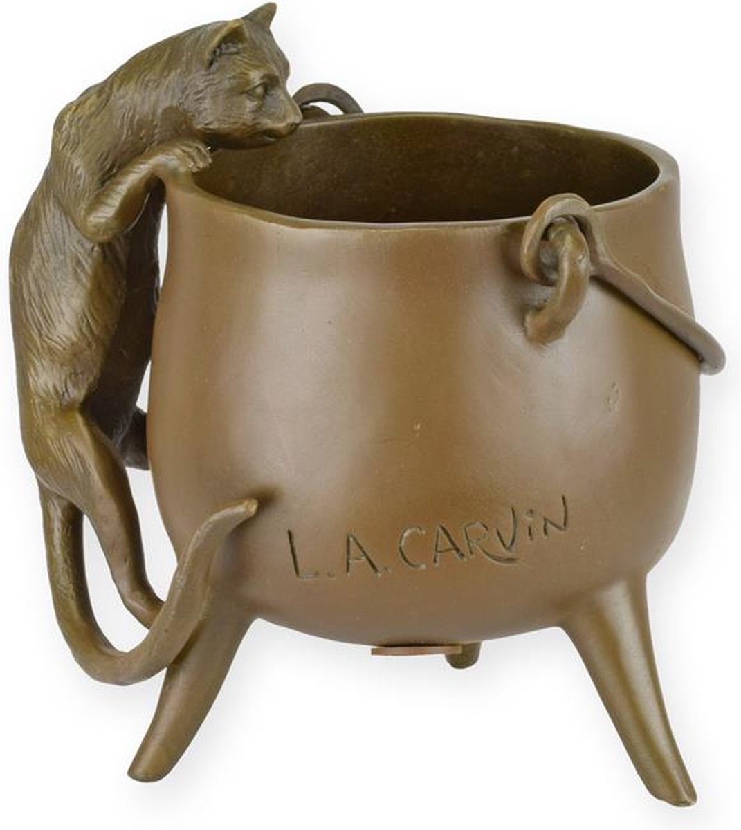 Bronzen beeldje kat klimt in ketel – Woondecoratie sculptuur – bronzen kattenbeeld – massief brons – klassieke afwerking – cadeau voor kattenfans – 12,7 cm, bronskleur
