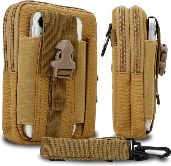 Sac marron avec téléphone dans une poche avant, avec passants de ceinture et une sangle détachable.