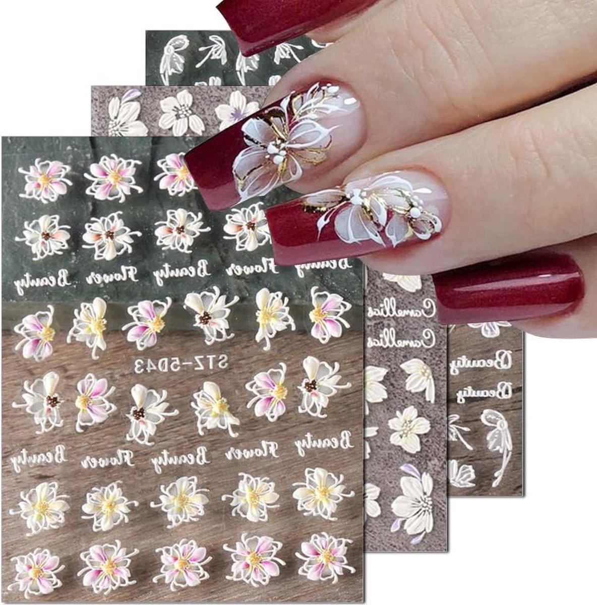 Nagelstickers 3 vellen - Bloemen 5D nail art stickers - Reliëf nail art stickers - Zelfklevende nagelstickers bloem - Nageldecoratie - HTML content .