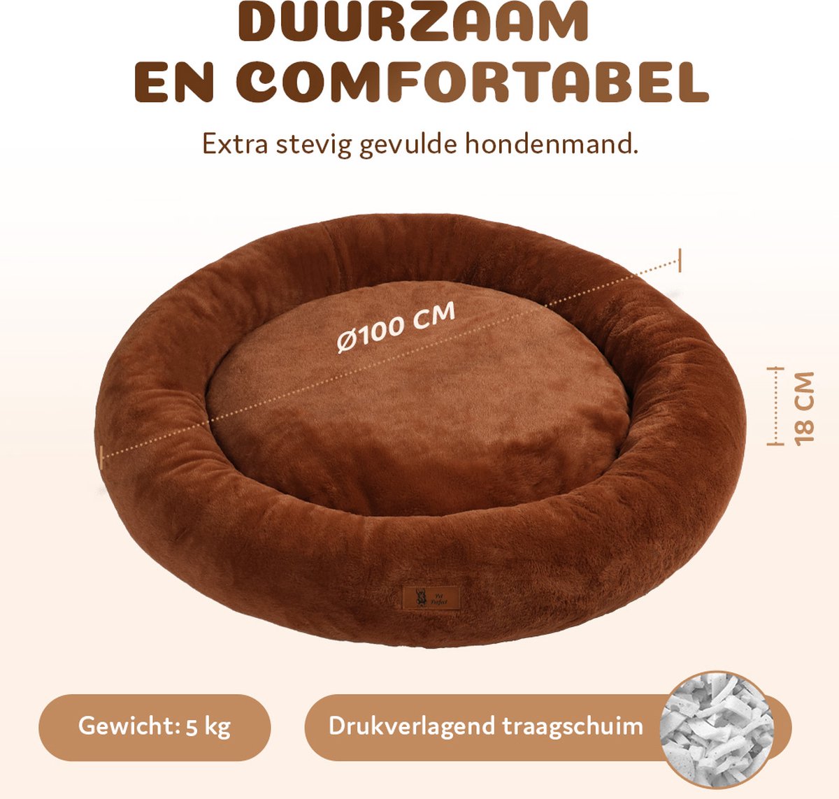 Pet Perfect Orthopedische Hondenmand – Donut Hondenmand – Hondenkussen – Hondenbed – Wasbaar - 100 cm - Bruin thumbnail 3