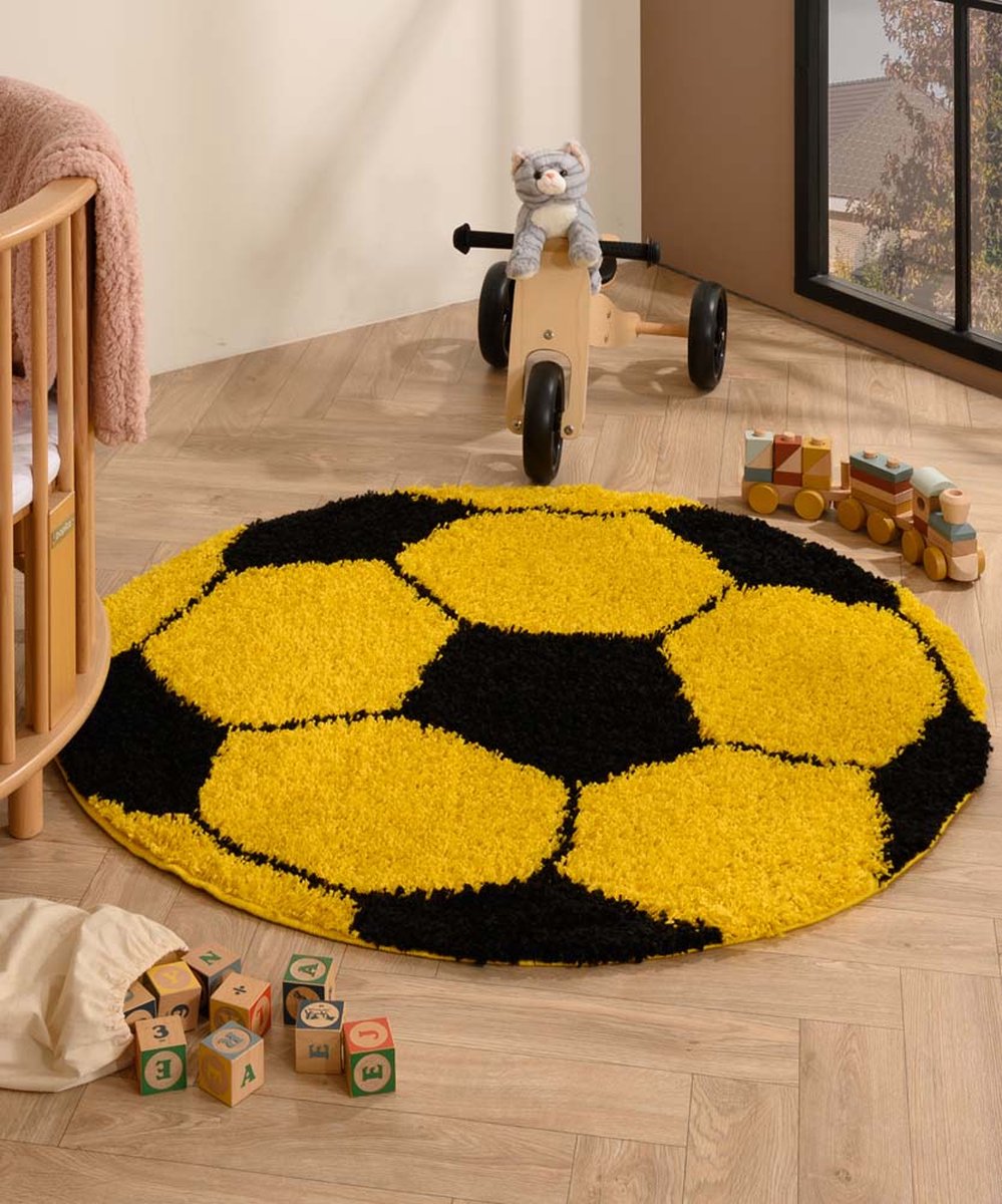Rond vloerkleed Kinderkamer - Voetbal geel/zwart 120 cm