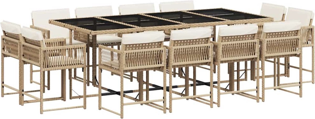 The Living Store 13-delige Tuinset met kussens poly rattan beige - Tuinmeubels - Eetkamerset - Buitentafel - Lounge Set - Patio Set