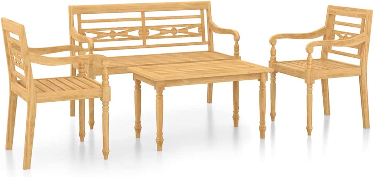 4-delige massief teakhouten loungeset voor tuin met bijpassende kussens.