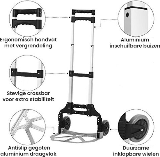 Kibani Steekwagen Opvouwbaar - 75 kg Draagvermogen - Transportwagen - Plateauwagen - Steekkar - Inklapbare Steekwagen - Meubelroller