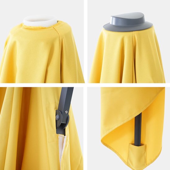 Collage met details van het gele parasoldoek en de bevestiging aan de paal.