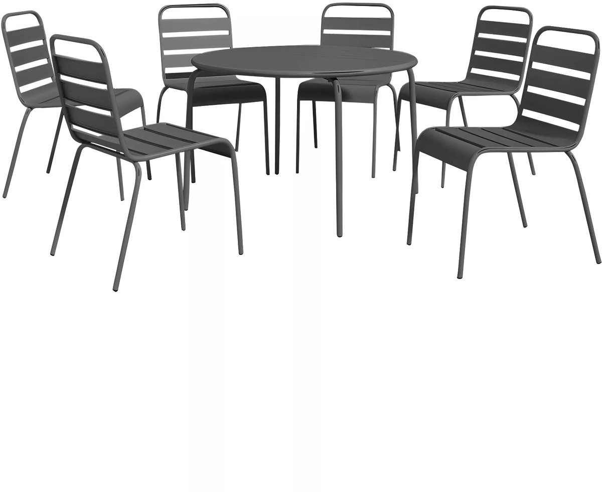 Vente-unique Tuineethoek van metaal - Een ronde tafel D130 cm en 6 opstapelbare stoelen - Donkergrijs - MIRMANDE van MYLIA L 130 cm x H 79 cm x D 130 cm