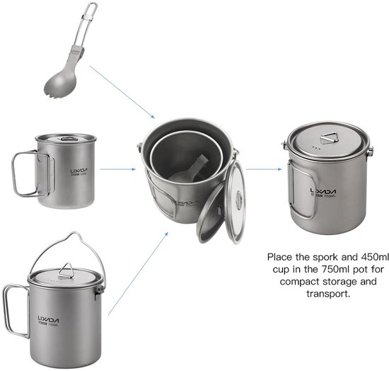 Camping - Mok - Camping Mok - Survival - Tafelgerei - Campingaz - Titanium - Survival Spullen - Picknick - Draagbaar - Bestek - Vork - Lepel — afbeelding 3