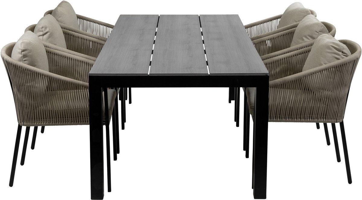 7-Delige tuinset | 6 Elvira tuinstoelen (Black) | Tuintafel Cyprus 225x100cm (Grey)