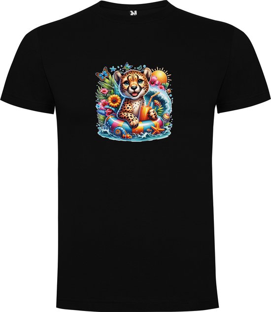 T-shirt Zwart avec imprimé « Léopard coloré dans une bouée avec cocktail – Fête – Vacances – Détente » en couleur, taille 5XL