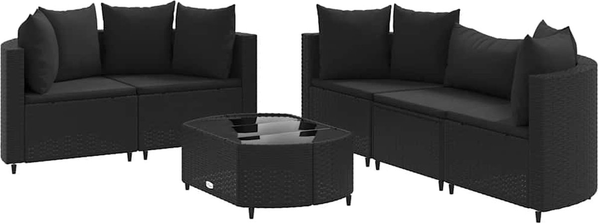 The Living Store 6-delige Loungeset met kussens poly rattan zwart - Loungeset - Lounge Set - Tuinlounge - Buitentijnen - Outdoor Furniture
