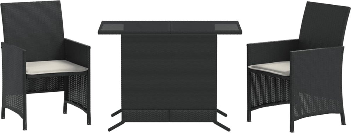 The Living Store 3-delige Bistroset met kussens poly rattan zwart - Bistroset - Tuinmeubels - Buitenshuis Eten - Terrasdecoratie - Lounge Set
