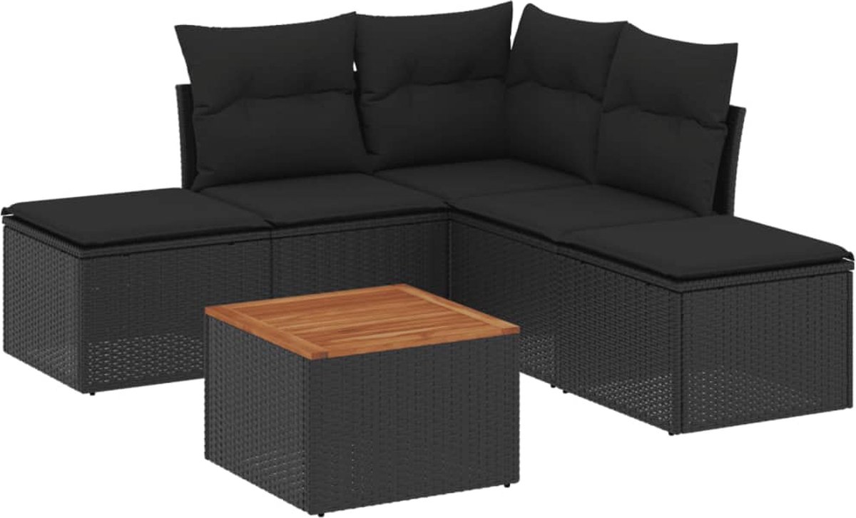 Zwarte loungeset met kussens van poly rattan - tuinmeubilair.