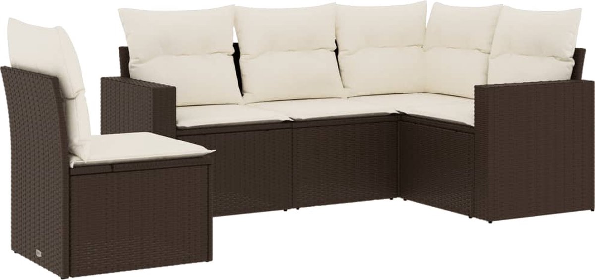 The Living Store 5-delige Loungeset met kussens poly rattan bruin - Loungebank - Lounge Set - Tuinset - Buitendecoratie - Garden Furniture
