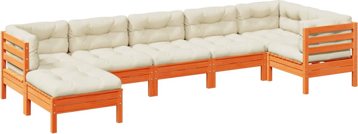 Massief grenenhouten loungeset met wasbruine kussens - tuinmeubelen hoekbank.