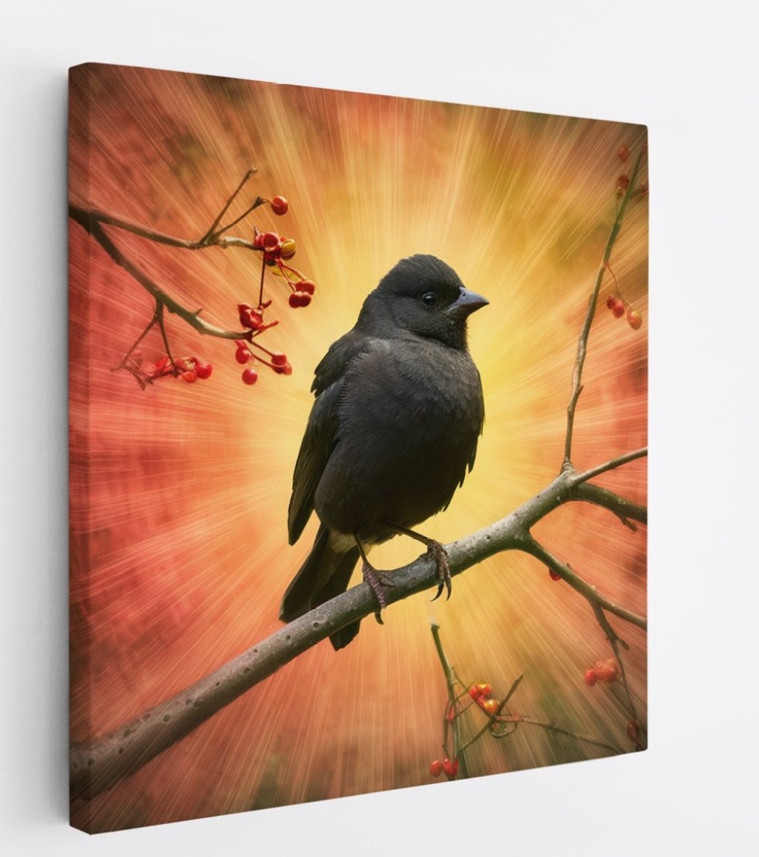 Saammp Canvas Schilderij - Zwarte Vogel op tak - Dieren - Bloemen - 30x30 - Foto op canvas - Wanddecoratie - muurdecoratie Woonkamer - Slaapkamer decoratie - Canvas Print Multicolor