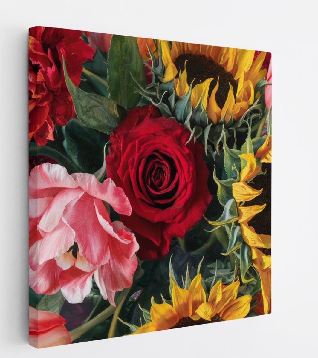 Saammp Canvas Schilderij - Luxe Bloemen - Natuur - Abstract - 100x100 - Foto op canvas - Wanddecoratie - Muurdecoratie Woonkamer - Kantoor Decoratie Multicolor