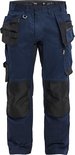 Pantalon de travail bleu foncé avec genouillères noires et nombreuses poches.