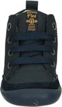 Voorkant van een donkerblauwe leren veterschoen met gele opdruk 'extreme Flex'.