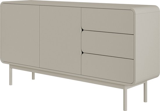 Buffet gris beige moderne avec trois tiroirs et portes fermées sur un piétement en bois.