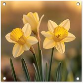 Tuinposter 50x50 cm - Tuindecoratie Bloemen - Geel - Wazig - Poster voor in de tuin - Buiten decoratie - Schutting tuinschilderij - Tuindoek muurdecoratie - Wanddecoratie balkondoek