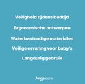 Tekst met "Veiligheid tijdens badtijd", "Ergonomische ontwerpen", "Waterbestendige materialen", "Veilige ervaring voor baby's", "Langdurig gebruik".