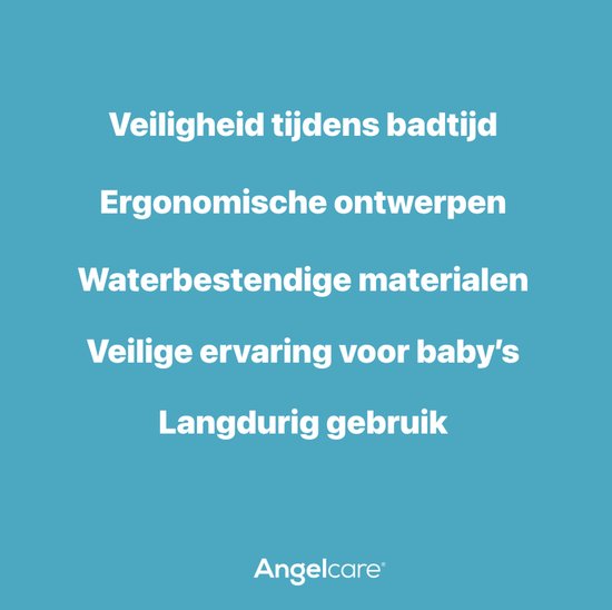 Tekst met "Veiligheid tijdens badtijd", "Ergonomische ontwerpen", "Waterbestendige materialen", "Veilige ervaring voor baby's", "Langdurig gebruik".
