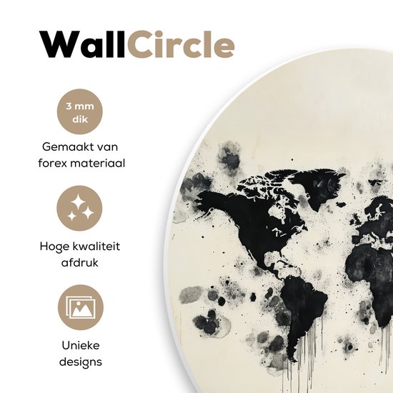 WallCircle® Wandcirkel 60x60 cm - Muurcirkel Wereldkaart - Zwart - Inkt - Muurdecoratie woonkamer - Wanddecoratie slaapkamer - Kamer decoratie accessoires - Ronde schilderijen