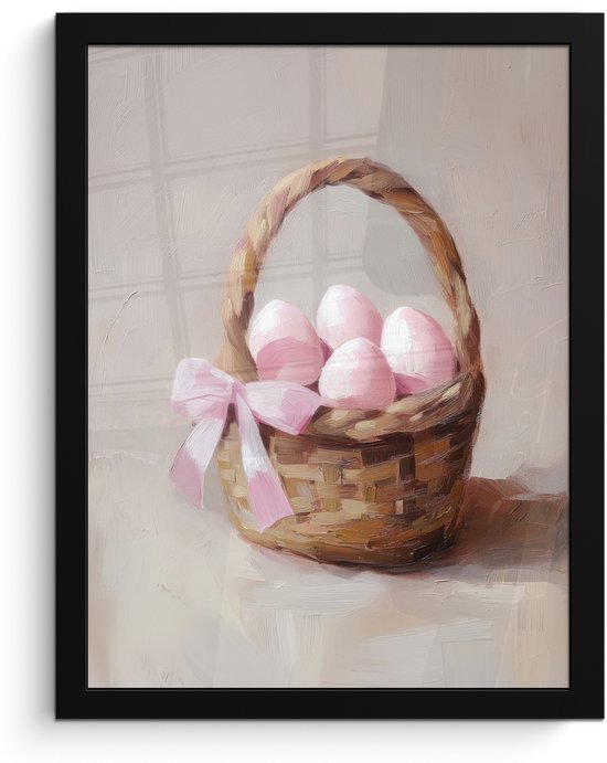 Poster in lijst - Fotolijst 30x40 cm - Posters - Mand - Eieren - Roze - Posterlijst zwart - Decoratie - Wanddecoratie woonkamer - Muurdecoratie slaapkamer
