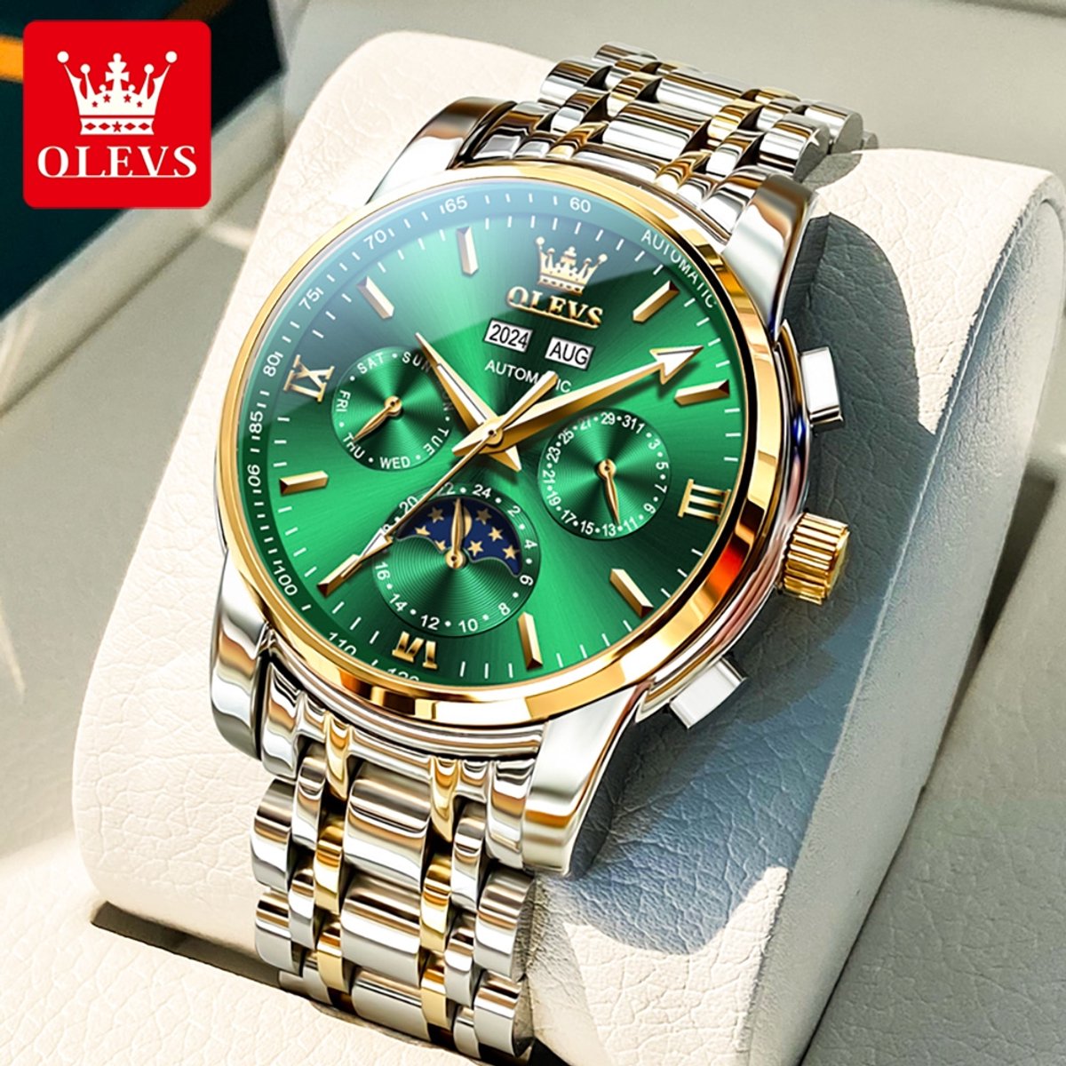 HO-6633.gz-gr : OLEVS mechanisch zilver-goudkl edelstaal horloge, groene wijzerplaat, tachymeter, maand-dag, week-dag, jaar, maand, 24u maanfase - aanduiding