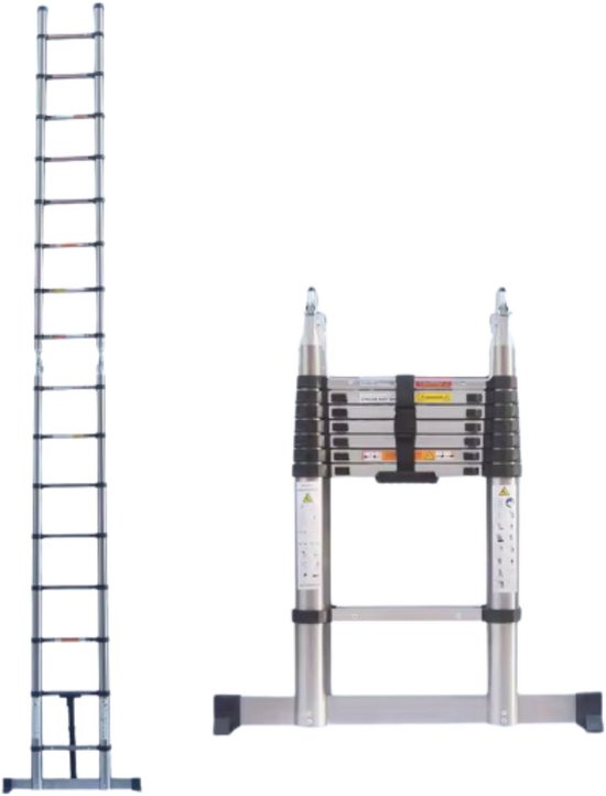 LZQ Telescopische ladder met haken, 3,8 m, uitschuifbare ladder van aluminium, multifunctionele ladder, met afneembare haken, antislip, belastbaar tot 150 kg