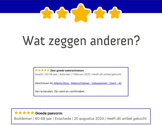 Screenshot van klantrecensies voor Atlantis waterschoenen, met sterren en tekst in het Nederlands.