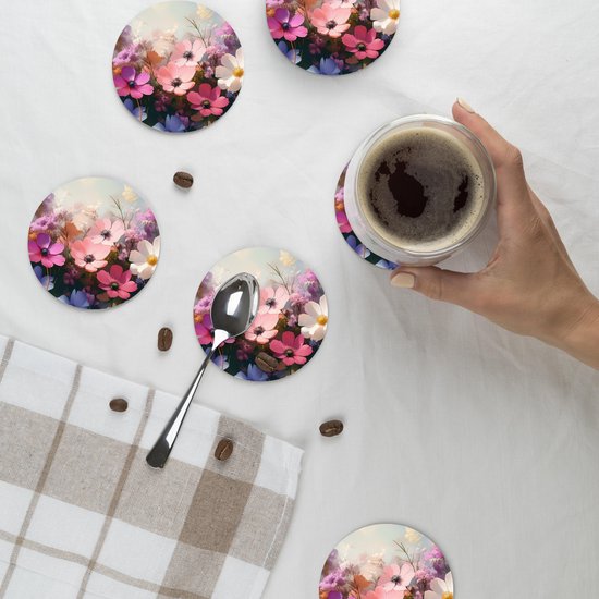 Dessous de verre Fleurs - colorées - floraison - 10x10 cm - 6 morceaux - Sous pour Verres et Tasses