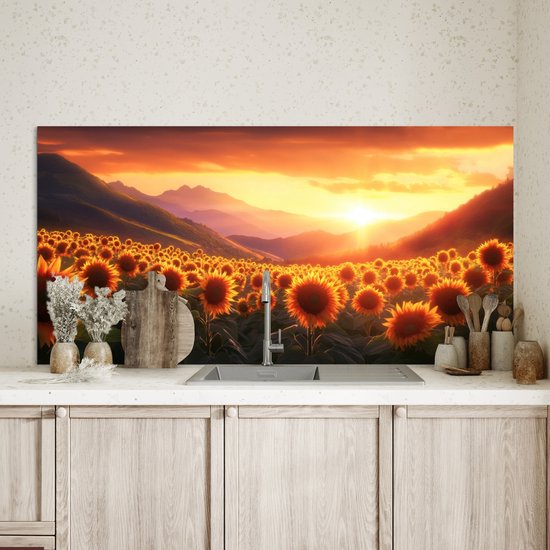 Crédence de Cuisinière en Aluminium 120x60 cm - Tournesols - Coucher de soleil - Paysage - Écran Pare-éclaboussures pour Plaque de Cuisson - Protection Murale