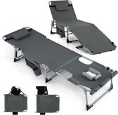COSTWAY Zonneligstoel met gezichtsopening, opvouwbare ligstoel met verstelbare rugleuning en voetensteun, afneembaar kussen, zijzak, ligstoel voor strand, tuin, balkon, grijs
