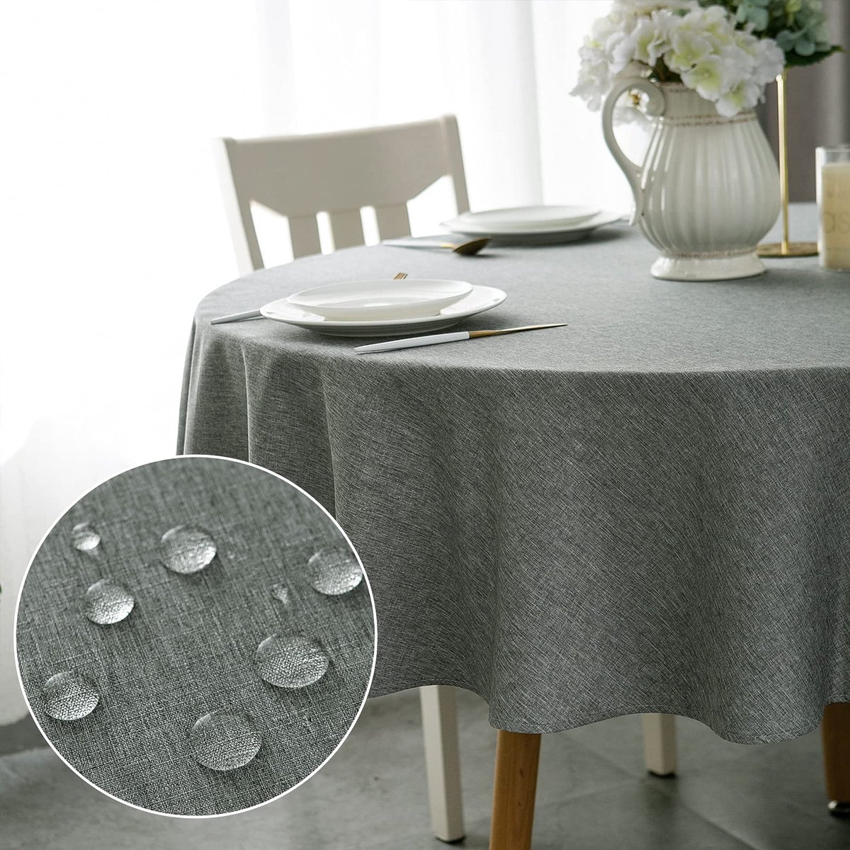 My Ninki ® Rond Tafelkleed in Linnenlook, Waterafstotend en Vlekbestendig, Ø 180 cm, Grijs voor Eetkamer en Restaurant
