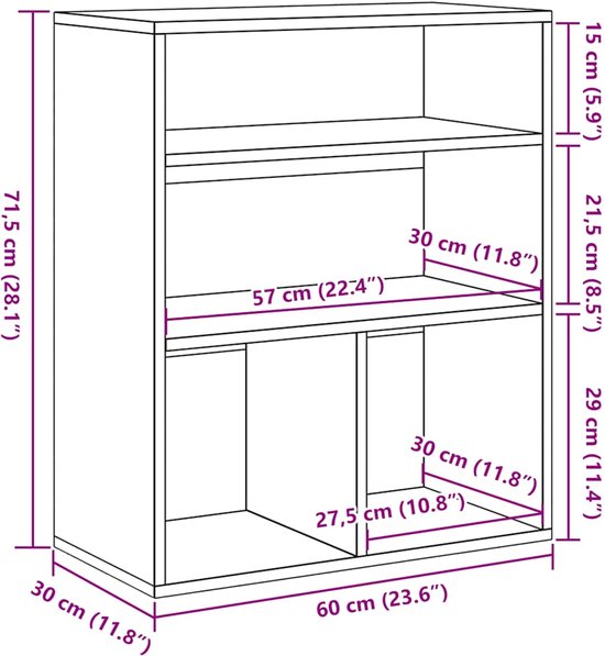 vidaXL Boekenkast 60x30x71,5 cm bewerkt hout gerookt eikenkleurig, opbergkast, boekenrek, opbergplank, boekenplank, opbergrek, rek