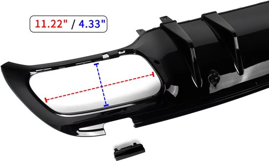 Glanzend zwarte achterdiffuser met een duidelijke maatindicatie in inches en centimeters.