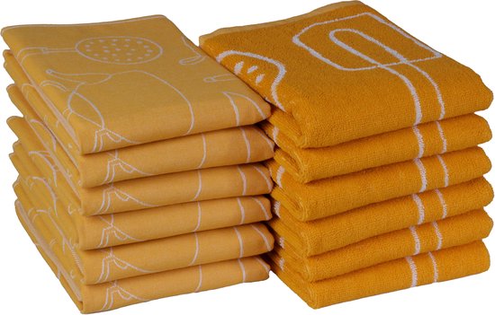 Set de Essuies de vaisselle et torchons de cuisine DoubleDry - 12 pièces - Tissage jacquard - Katoen de haute qualité - Haute absorption - Ustensiles de cuisine - Jaune