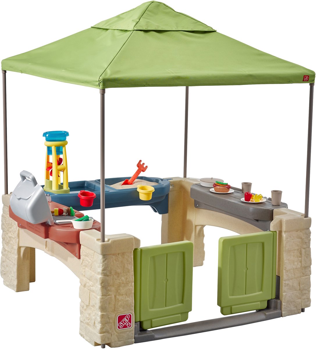Step2 All Around Playtime Patio with Canopy Speelhuis - Patio van kunststof - Geschikt voor kinderen in Rolstoel en Mindervaliden - Met Speelkeuken & accessoires - Zand en water speelgoed