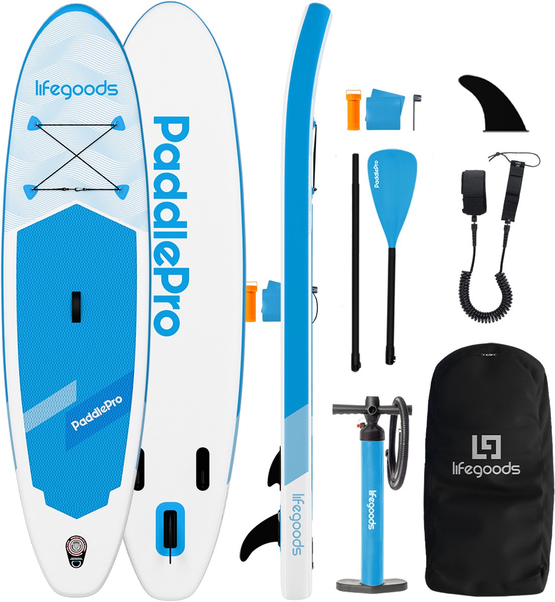 LifeGoods SUP Board Allround Compact - 100 KG Draagkracht - 300 x 76 cm - Opblaasbaar - Compleet SUP pakket - Wit/Sky Blue
