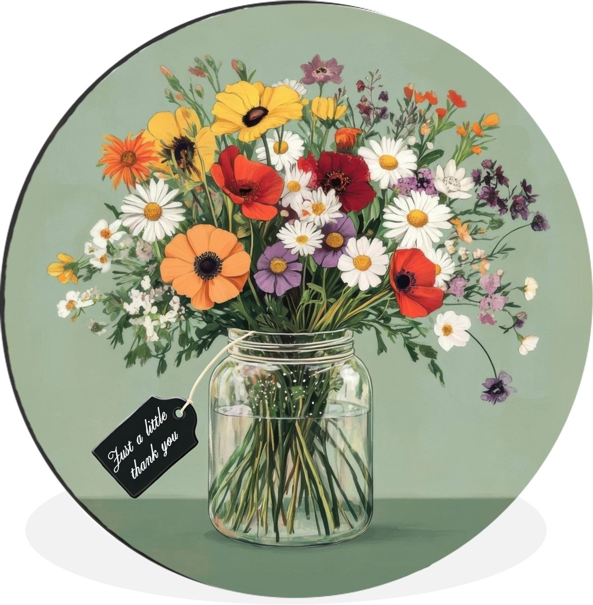 WallCircle Wandcirkel - Muurcirkel - Bloemen - Vaas - Kaartje - Aluminium - Dibond - 140x140 cm - Binnen en Buiten Boeket - Kaartje