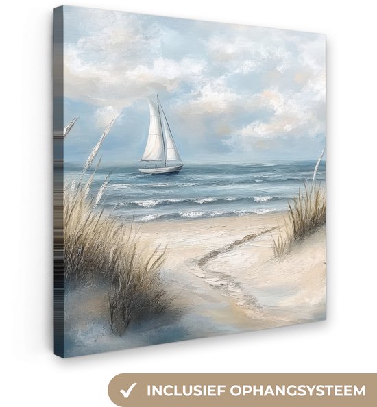 Canvas schilderij 20x20 cm - Wanddecoratie Zee - Zeilboot - Strand - Duinen - Vintage - Muurdecoratie woonkamer - Slaapkamer decoratie - Kamer accessoires - Schilderijen op canvas