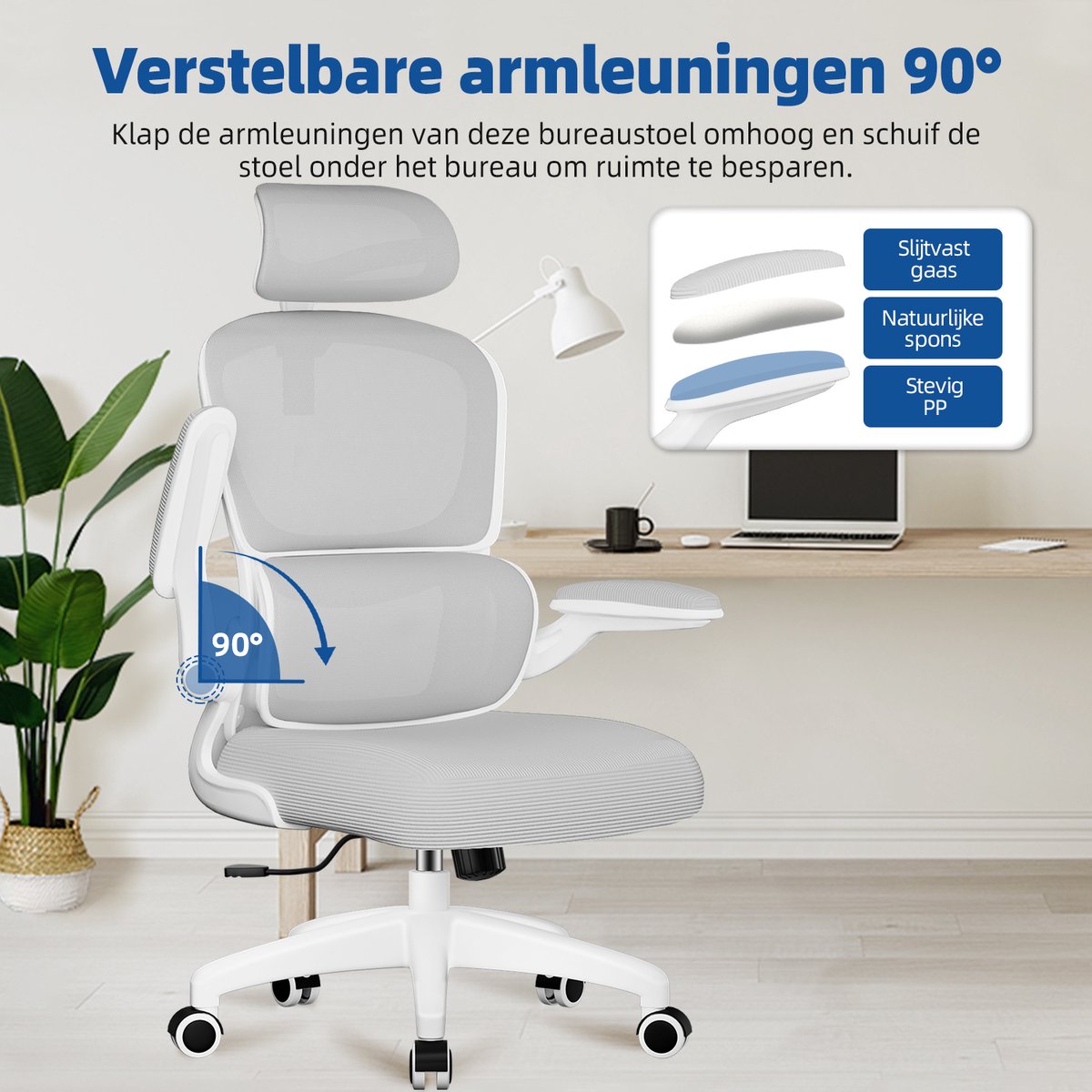 Elekiatech Ergonomische Bureaustoel - Bureaustoel met Opklapbare Armleuningen - Bureaustoelen voor Volwassenen - 150 Kg - Grijs thumbnail 5