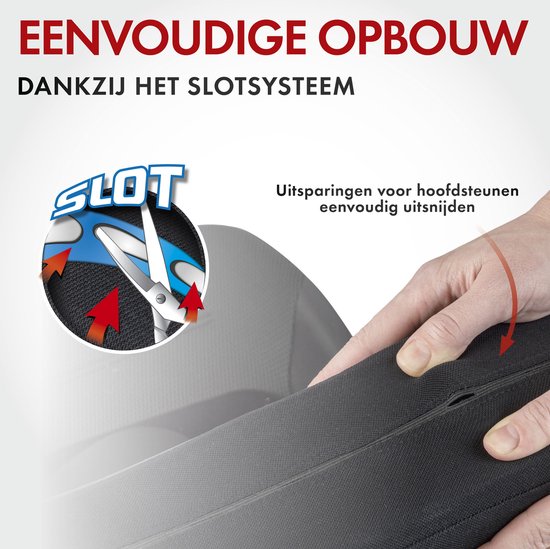 Detailafbeelding van een stoelhoes met een schaar die een uitsparing voor een hoofdsteun knipt, met tekst over eenvoudige montage.
