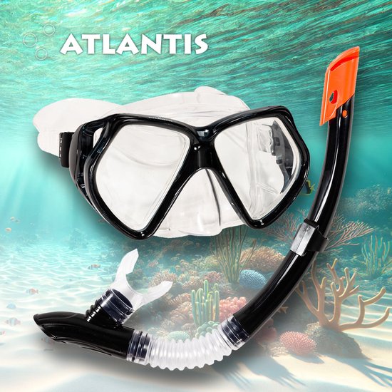 Zwart snorkelmasker en snorkel met oranje accent, onder water.