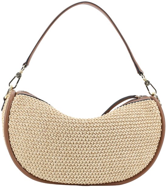 Sac bandoulière en raphia blanc cassé, bordé de cuir marron et doté d'une anse en cuir marron.