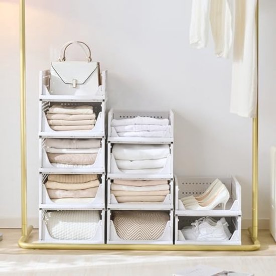 USHOP Set van 4 ​​Stapelbare opbergdoos​​ – Opvouwbare opbergkisten,​​Stapelbare kast​​Geperforeerd ontwerp met uitschuifbare vakken,​​Kledingkast organizer​​ voor slaapkamer/keuken/badkamer (Wit