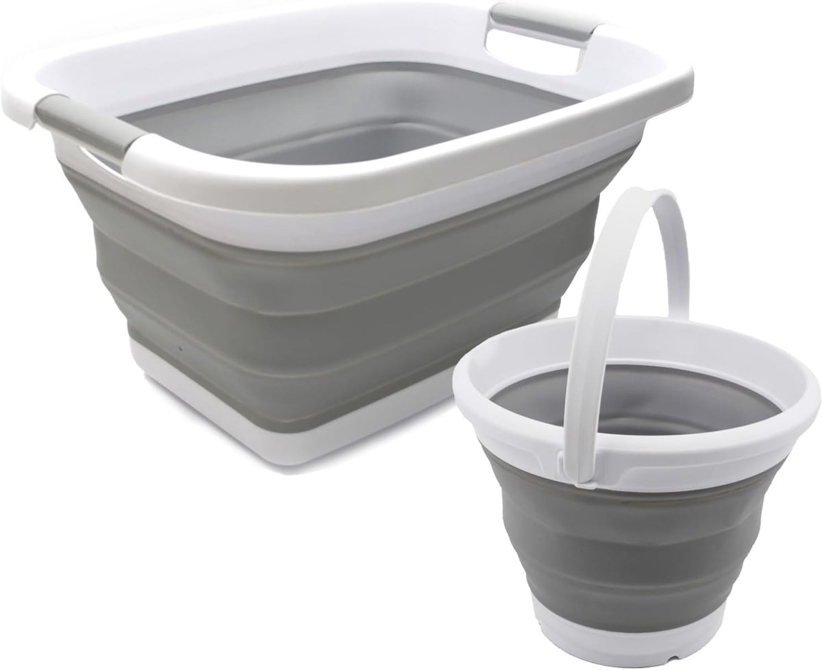Goedkoopste Ruimtebesparende Set Opvouwbare Wasmand en Wateremmer van 25L en 5.5L, Grijs
