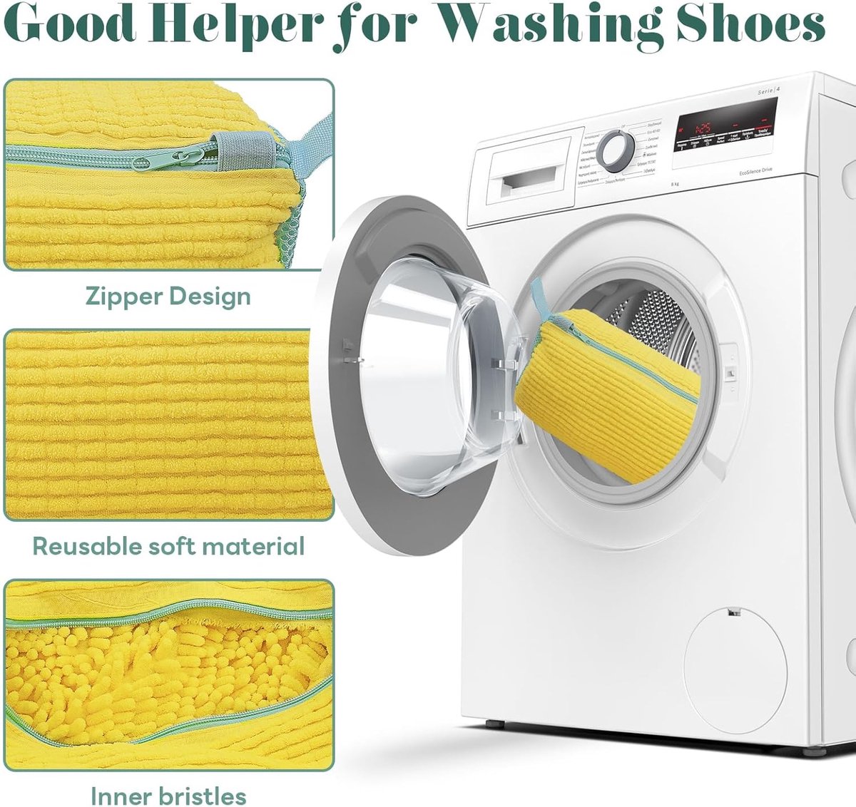Nieuwe herbruikbare mesh sneaker waszak voor 360 ° reinigen - 2024 Schoen wasmachine zak met verstelbare band - Witte schoenen reinigen. — afbeelding 3